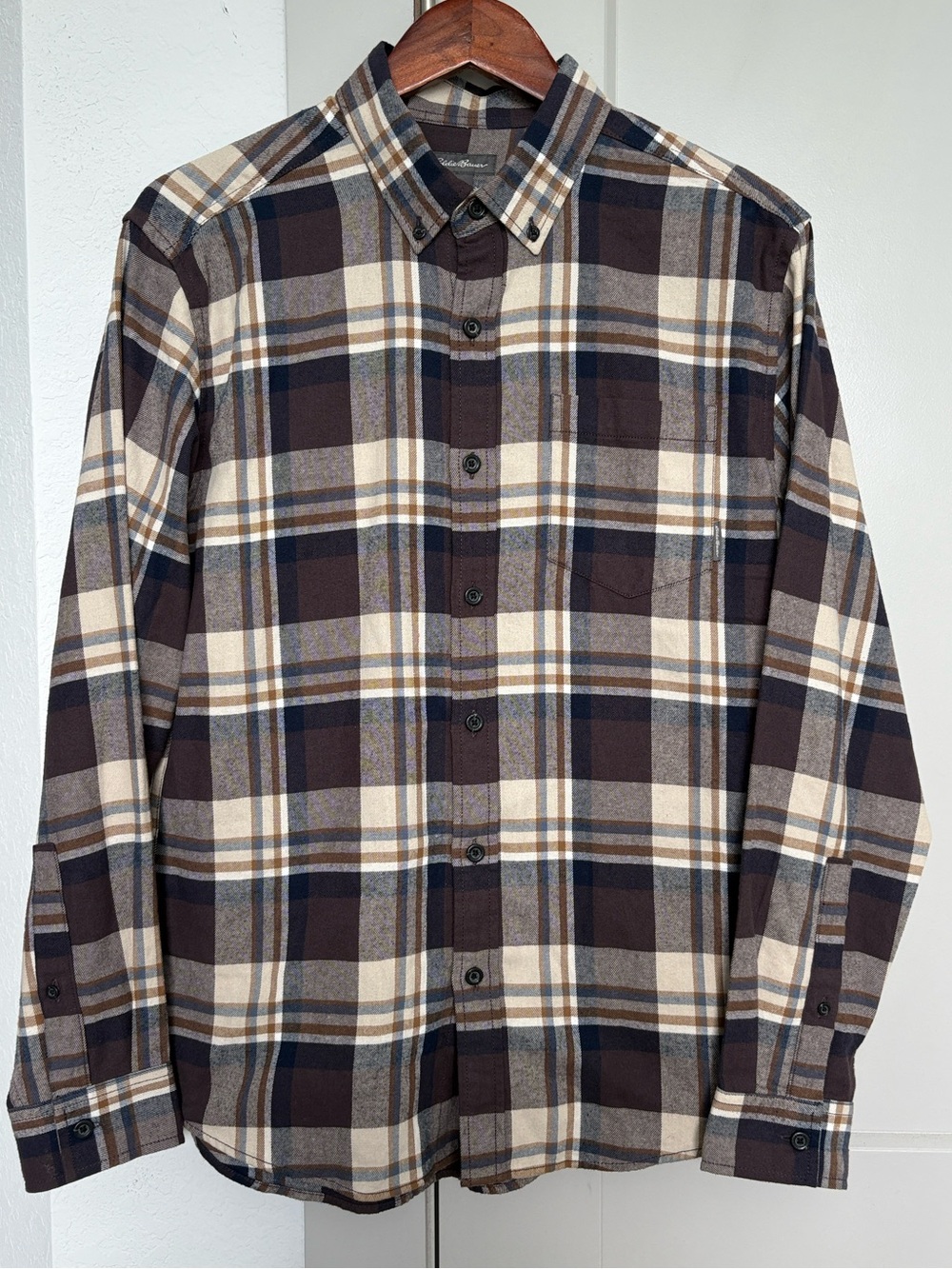 Eddie Bauer Plaid Flannel Button Down Shirt Brown Blue Tan Long Sleeve Mens M